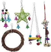 HOUDERCO Parrot Toys Set 5pcs Bird Toys Finch Cockatiel Conure Chewing Bell Swing Toy Parrot Suspension Bridge for Cage