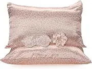 2 Pack Satin Pillowcase with Hidden Zipper, Adjustable Satin Eye Mask for Sleeping and Satin Volume Scrunchie for Hair and Skin, Standard Size (Pink,Leopard Style)