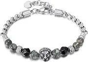 [BAILEYU] Mens Stone Beaded Bracelet Adjustable Stainless Steel Clasp Lion Bangles Stress Relief Meaningful Jewelry