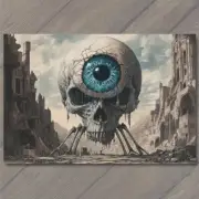 4x6" Skeletal Figure Eyeball Overlooking Apocalyptic Landscape Dark Skull