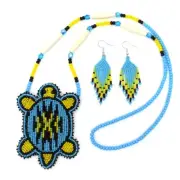 TURQUOISE BLUE TURTLE NATIVE STYLE INSPIRED BEADED LONG NECKLACE EARRINGS S58/4