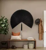 Black Large Decorative Fan, Giant Wall Fan, Bamboo Folding Fan for Wall Hanging