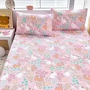 Homilay Queen Sheets Set Kids - 4 Piece Pink Rabbit Sheets for Boys, Girls, Teens, Toddler, Easy Fit Deep Pockets, Breathable, Wrinkle-Free, Cozy Soft Cartoon Print Cute Bed Sheets