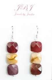 Mookaite 10mm Square Burgundy Gemstone Earrings .925 Sterling Silver 1 3/4"