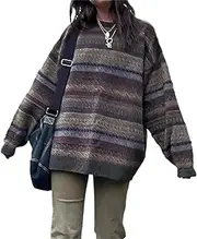 [Mtsebmves] Women Y2K Argyle Striped Pullover Sweater Casual Long Sleeve Round Neck Vintage Preppy Style Pullover Knitwear