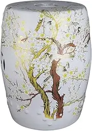 Ceramic Drum Table Decorative Garden stools, Decorative Ceramic Garden Stool, Glazed Hand-Painted Flower and Bird Shoe Changing Stool Drum Stool, Suitable for Outdoor Garden,(White)