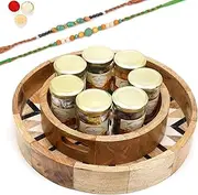 Ghasitaram Gifts Rakhi Gifts for Brothers Set of 2 Round Printed Wooden Trays of 7 Jars with Silver Elaichi with 2 Green Beads Rakhis