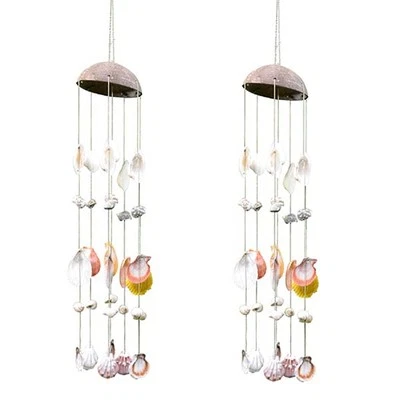 2 Hanging Coconut & Mixed Shells Wind Chime 12" (Set of 2) Garden Home Decor