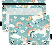 RPLIFE Binder Zippered Pouch with Clear Window, 2 Pack Pencil Pouch for 3 Ring Binder for Girls Kids School Supplies, 9.8″ × 7″, Cartoon Unicorns Rainbows Flowers Blue