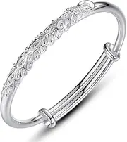 [HEYONA] Women Jewelry 925 Silver Sterling Bracelet Fashion Cuff Bangle Chain Bracelets,Peacock Feather Round Tube Elegant Cuff Adjustable Amulet Bracelet Jewelry Clothing (Color : Silver)