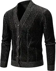 [Generic] Men's Plaid Fleece Lined Knitted Cardigan Zip Knit Cardigan with Pocket for Men Men Winter Zip Up Knitted Sweater