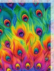 Timeless Treasures ~ Neon Rainbow Peacock Feathers 100% Cotton Quilt Fabric BTY