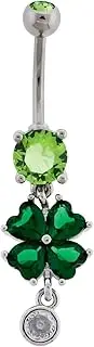 [Pierced Owl] 14GA 316L Stainless Steel Green CZ Crystal Shamrock with Dangling Gem Belly Button Ring, Metal, crystal