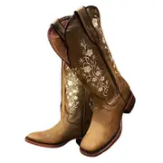 Women's Wide Calf Square Toe Cowboy Boot - Modern Western Embroidered Cowgirl Boots Brown 39
