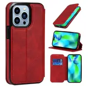 iPhone 14 Pro Case Leather Wallet Flip Phone Case - Red