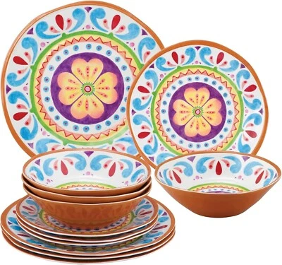 Melamine Dinnerware Set12Pcs Unbreakable Dinner Plates and Bowls Set for 4 BPA