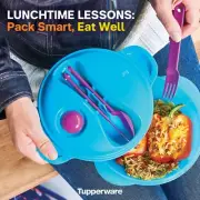Tupperware Crystal Wave PLUS Hot Food On The Go Lunch Bowl with Utensils - Blue