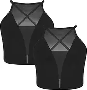 [FEOYA] Mesh Bustier Women's Mesh Camisole Vest Mesh Splicing Bustier Cross Spaghetti Straps Crop Top Going Out Sheer Corset Tank Top