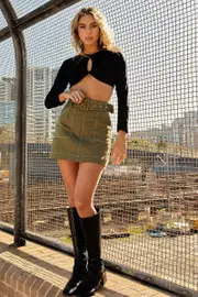 Green Mini Skirt High Waisted Contrast Belted Utility - Size 14, Women's Mini Skirt