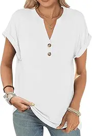 [Okdance] Women Tops V Neck Women's T Shirts Linen Womens Short Sleeve Tops Baggy Ladies Summer T Shirts for Women Casual Button Blouse