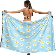 [RPLIFE] White Daisies Pastel Blue Sarong Wrap Fringe Beach Sarong Coverups for Women, Large, White Daisies Pastel Blue, Medium
