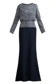[TADASHI] SEQUIN-EMBELLISHED PANELED GOWN US 14 Navy