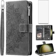 Asuwish Phone Case for Samsung Galaxy S23 Ultra 5G Wallet Cover with Tempered Glass Screen Protector and Mandala Flower Flip Zipper Card Holder Cell S23Ultra 23S S 23 23Ultra 6.8 inch Women Grey
