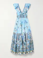 [Camilla] Camilla - Ruffled Crystal-embellished Printed Organic Cotton-poplin Maxi Dress - Blue - large large Blue