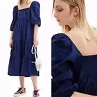 Desigual Smocked Midi Peasant Dress Beaded Navy Blue Romantic US Size Small New