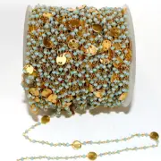 3mm Amazonite Coin Disc Beads, 24K Gold Rosary Chain, Faceted Gemstone Strand