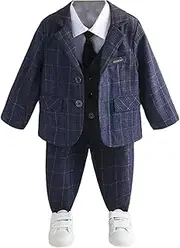 [Kromoc] Boys' Checked 3 Pieces Suit Two Buttons Notch Lapel Tuxedos for Casual Prom Daily
