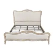 King Size Bed Frame Linen Fabric Beige Oak Wood White Washed Finish Mattress Support