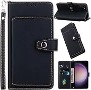 [Kitzomi] for Samsung Galaxy S23 Wallet Case with Durable PU Leather and Credit Card Pocket,Folio Stand Cover+Wrist Strap Lanyard with for Samsung Galaxy S23 (6.1 inch) Wallet Case,Black