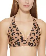 DKNY Women's Brown Leopard-Print Halter Bikini Top - M - Brown