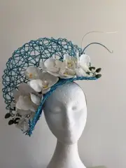 Turquoise basketweave fascinator with White flowers and Quill on a headband!