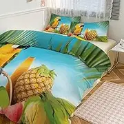GHBNK Quilt Set 3-Piece - Ultra-Soft Thickened Bedding Set, Summer Parrot Pineapple Birds Bedspread + 2 Pillowcases, Lightweight Double-Sided Quilt Cover for Home/Hotel/Gifts 79"x90"