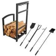 Iron Log Rack and Fireplace Set Tools Brush Tongs Poker Dust Pan 27 Inch High