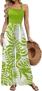 [BARASA] Women's Summer Leaf Print Hanging Neck Jumpsuit Vacation Beaches Backless Wide Leg Jumpsuit S631