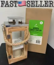11” Battery Operated LED Flameless Wooden Candle Lantern W/ Rope Handle - NIB!