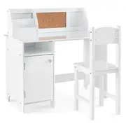 Babyjoy Kids Table & Chair Set Children Study Desk Wooden Workstation Writing Art Table w/Bookshelf & Cabinet White