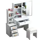 NNEOBA Elegance in Simplicity: White Dressing Table Set with Sliding Mirror & Am