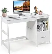 Computer Desk, Wooden Writing Table, 120 x 50cm Spacious Desktop & 2 Storage Drawers & 1 Open Shelf, Modern Home Office Desk with Footrest, Multipurpose Computer Workstation Study Desk, for Study Room, Bedroom, White/Black (White)