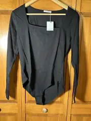MANGOPOP Women's Long Sleeve Bodysuit Black Square Neck XXL NEW
