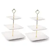 2 Pack 3-Tier White Ceramic Embossed Dessert Cake Tower Stand with Gold Carry