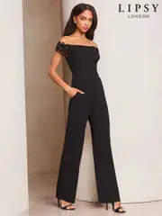 Lipsy Black Embelished 3D Floral Trim Bardot Jumpsuit (AJ6177) | $212