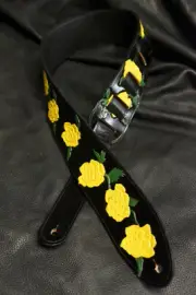leather guitar strap custom made all by hand 3" Roses yellow and black
