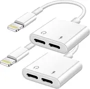 Hatuge Apple MFi Certified 2 in 1 Dual Lightning Aux Charge Adapter, iPhone Headphones Splitter for iPhone 13 12 11 XS XR X 8 7 6 Support Audio+Charge+Call+Music Volume Control - 2 Pack