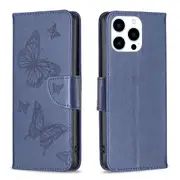 For iPhone 16 Pro Max Case, PU Leather Butterfly Cover, Blue