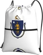 EdWal Massachusetts State Flag Print Drawstring Backpack Gym Bags Sports Bags With Zipper Pocket For Travel Swimming Beach, Black, One Size