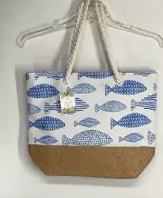 Beach Tote Bag Large Canvas And Straw With Rope Handles Blue Fish Seaside Style
